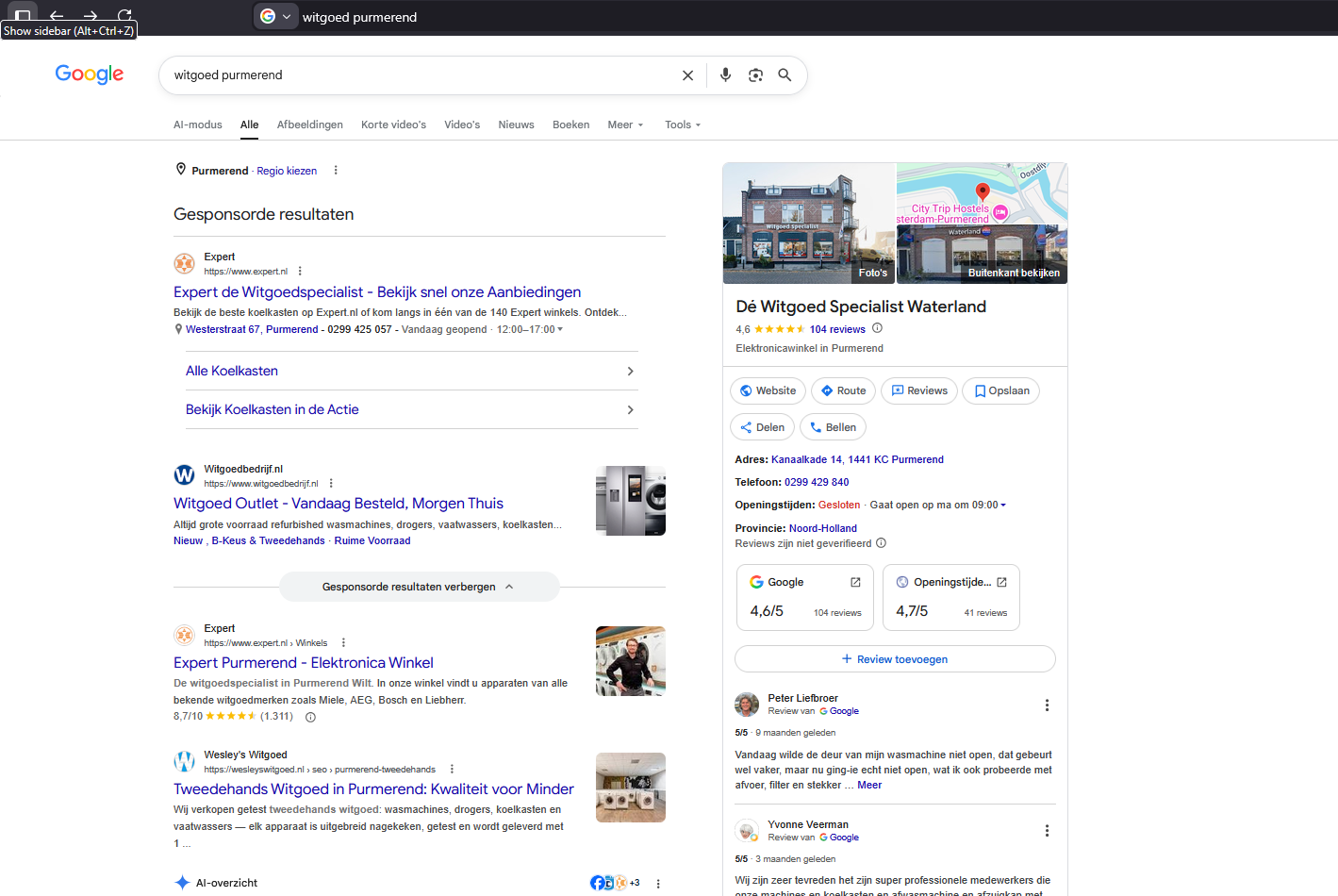 Incognito Google-resultaat voor witgoed Purmerend met Wesley’s Witgoed hoog in de organische resultaten